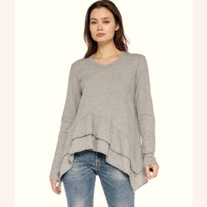 Wilt Top Shirt Easy Flouce Tee Tiers Ruffle Hem Long Sleeve Asymetrical Cotton S